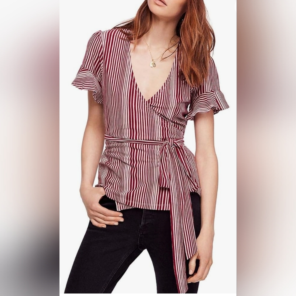 Free People Wrap Around my Finger Striped Bell Sleeve Wrap Top sz S